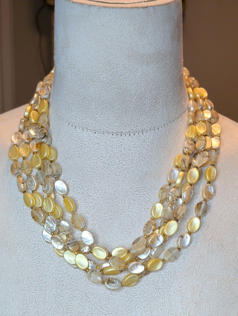Vintage 60s Empire 5 Strand Cream Lucite Beaded Necklace Crown Caps MCM 20"